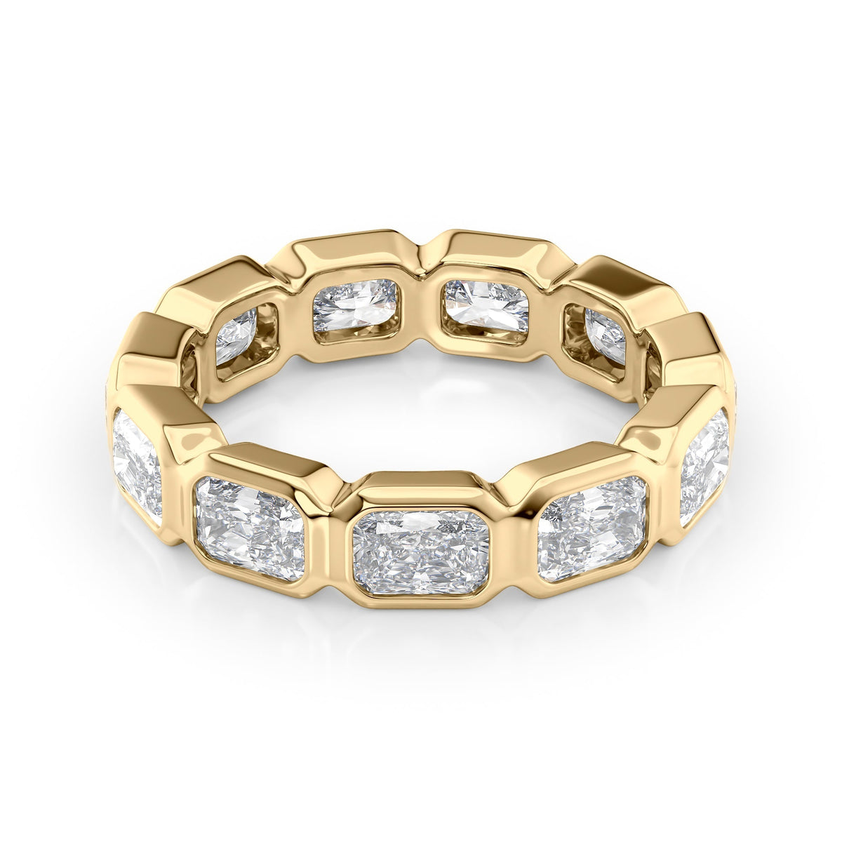 3.3ct East West Radiant Bezel Eternity. A Yellow Gold Eternity Ring Set With 3.3tcw Radiant Lab Grown Diamonds. White Background.
