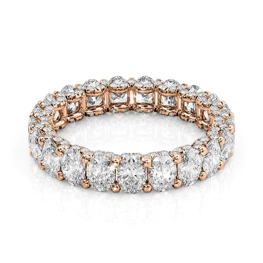 3.3ct Oval U Pave Prong Eternity. A Rose Gold Eternity Ring Set With 3tcw Oval Lab Grown Diamonds. White Background.