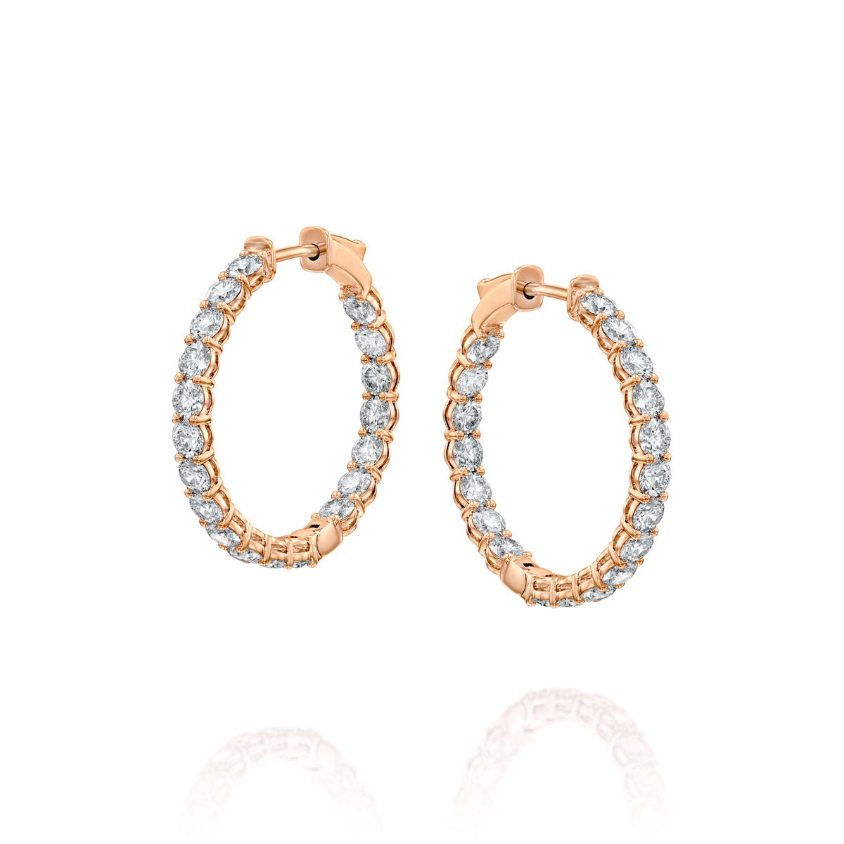 3.5ct 25mm Eternity Hoops. A Rose Gold Hoop Earrings Set With 3.5tcw Round Lab Grown Diamonds. White Background.