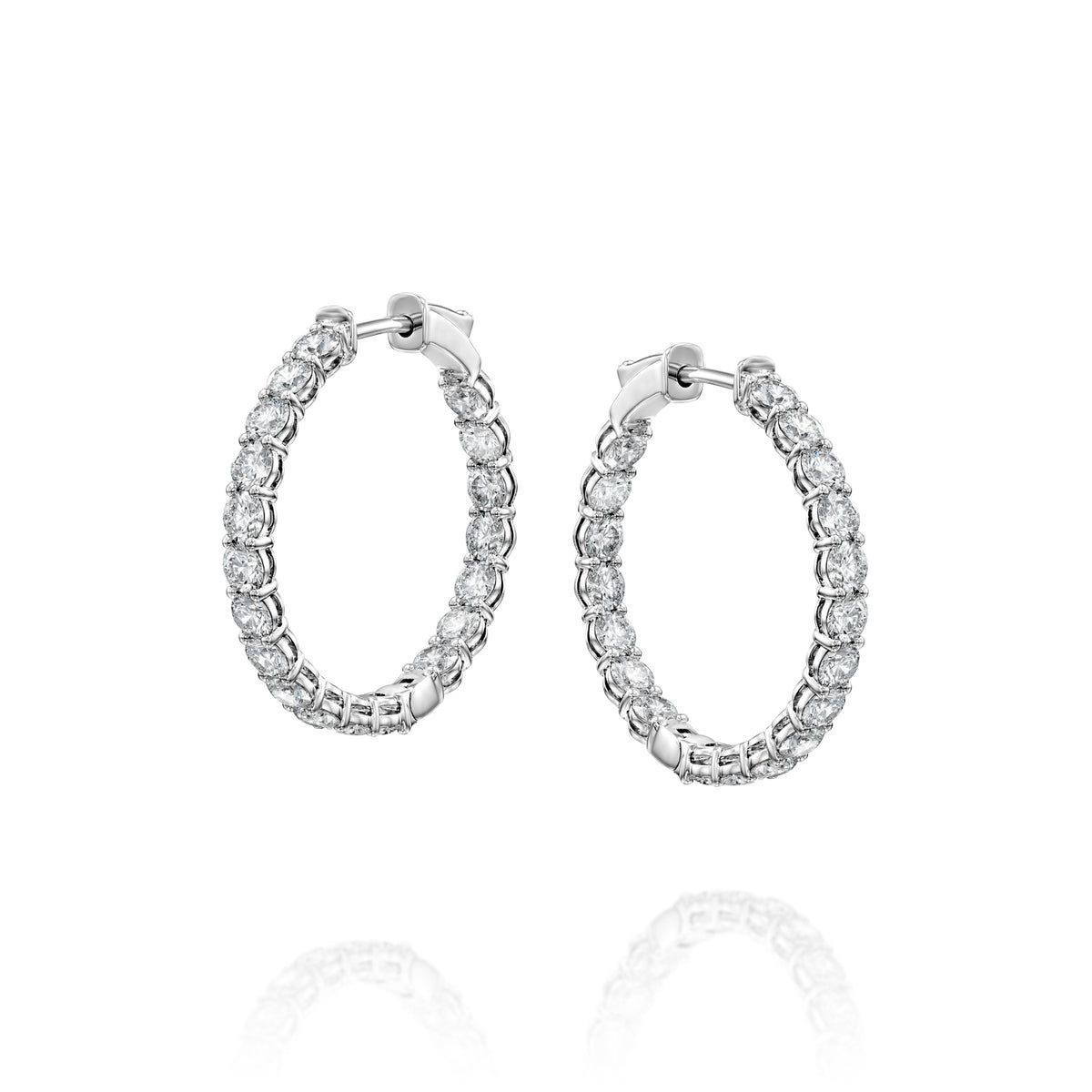 3.5ct 25mm Eternity Hoops. A White Gold Hoop Earrings Set With 3.5tcw Round Lab Grown Diamonds. White Background.