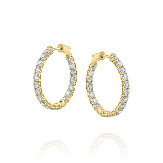 3.5ct 25mm Eternity Hoops. A Yellow Gold Hoop Earrings Set With 3.5tcw Round Lab Grown Diamonds. White Background.
