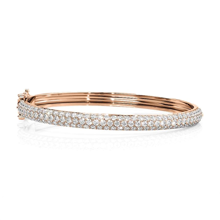 3.5ct 3 Row Bombe Bangle. A Rose Gold Bangle Bracelet Set With 3.5tcw Round Lab Grown Diamonds. White Background.