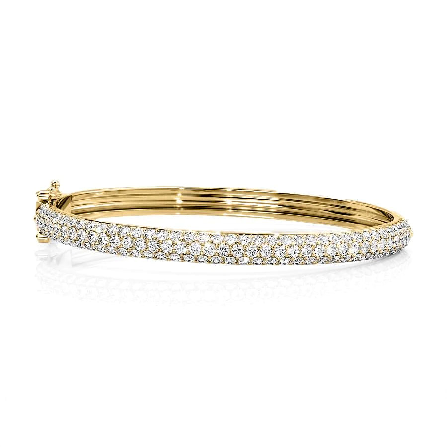 3.5ct 3 Row Bombe Bangle. A Yellow Gold Bangle Bracelet Set With 3.5tcw Round Lab Grown Diamonds. White Background.