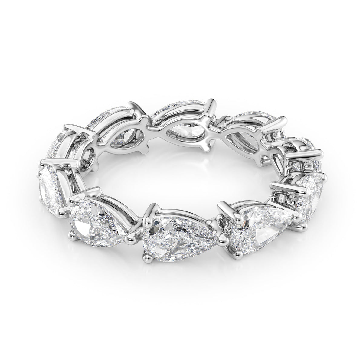 3.5ct East West Pear Eternity. A White Gold Eternity Ring Set With 3.5tcw Pear Lab Grown Diamonds. White Background.