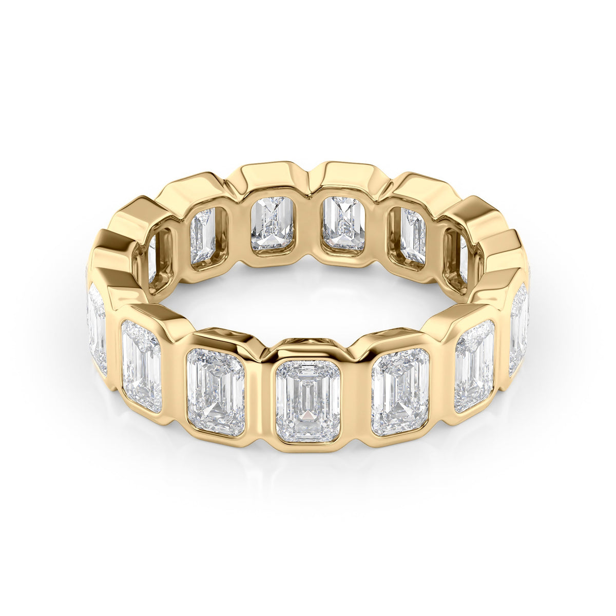 3.5ct Emerald Bezel Eternity. A Yellow Gold Eternity Ring Set With 3.5tcw Emerald Lab Grown Diamonds. White Background.