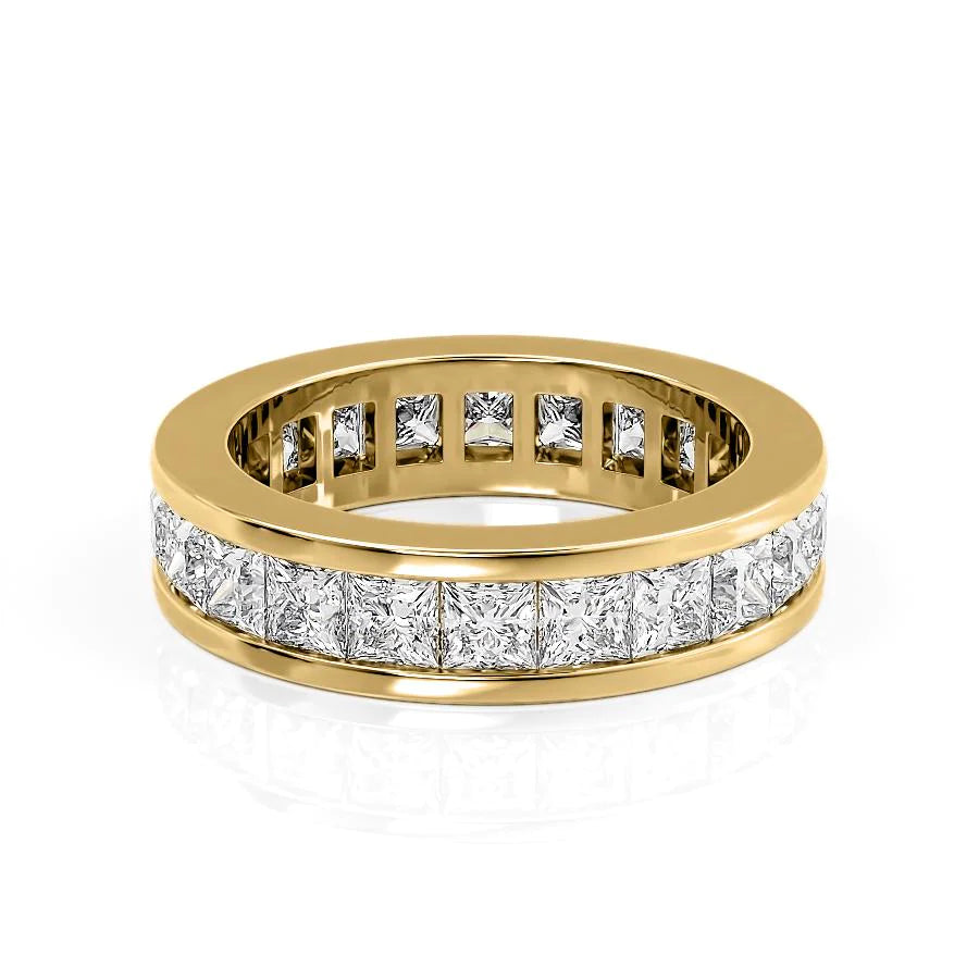 3.5ct Princess Channel Eternity. A Yellow Gold Eternity Ring Set With 3.5tcw Princess Lab Grown Diamonds. White Background.