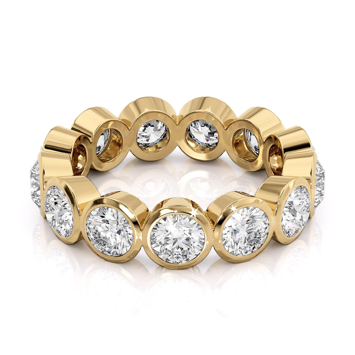 3.5ct Round Bezel Eternity. A Yellow Gold Eternity Ring Set With 3.5tcw Round Lab Grown Diamonds. White Background.