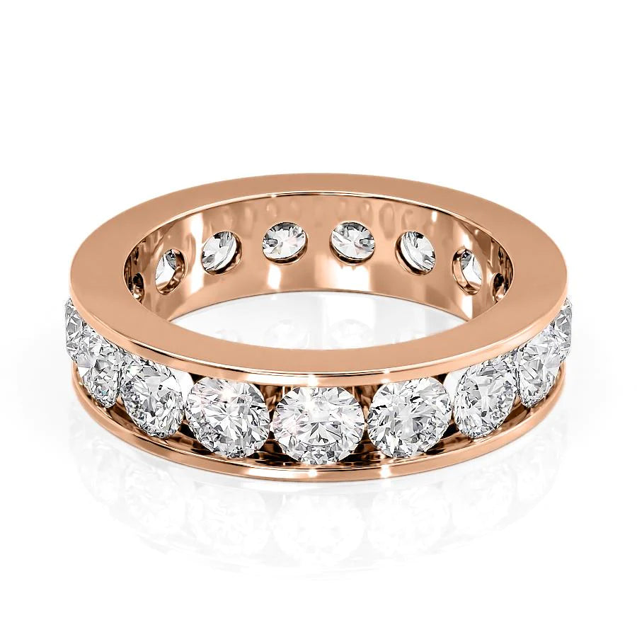 3.5ct Round Channel Eternity. A Rose Gold Eternity Ring Set With 3.5tcw Round Lab Grown Diamonds. White Background.