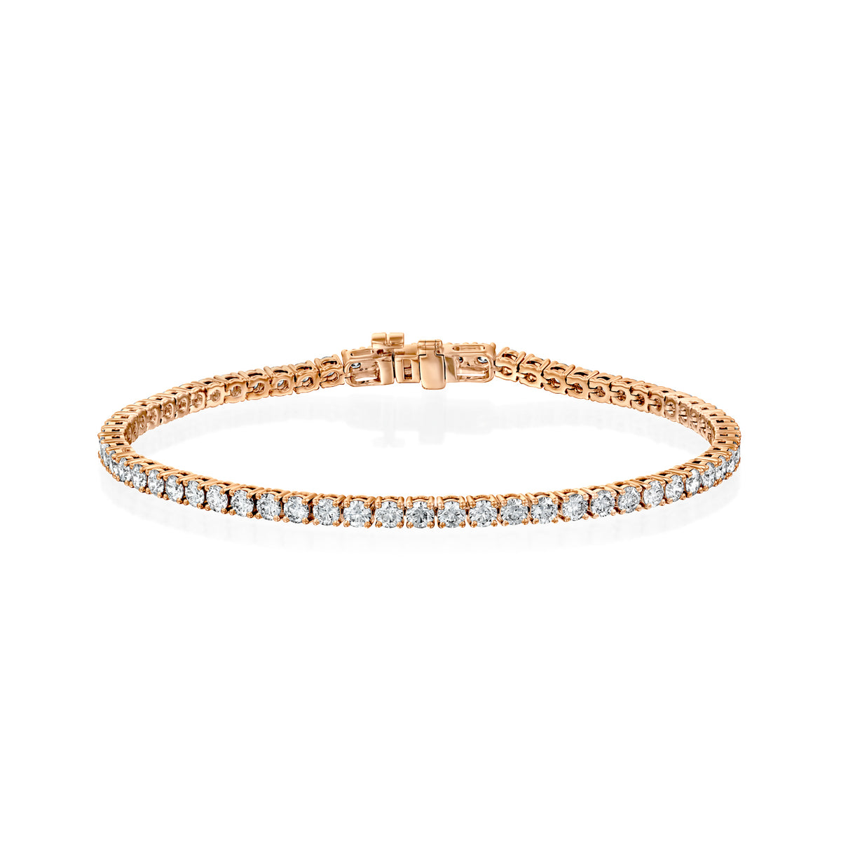 3.5ct Round Tennis Bracelet. A Rose Gold Tennis Bracelet Set With 3.5tcw Round Lab Grown Diamonds. White Background.
