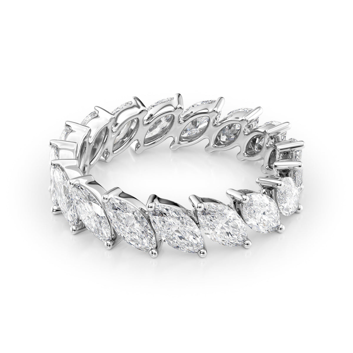 3.5ct Slanted Marquise Eternity. A White Gold Eternity Ring Set With 3.5tcw Marquise Lab Grown Diamonds. White Background.