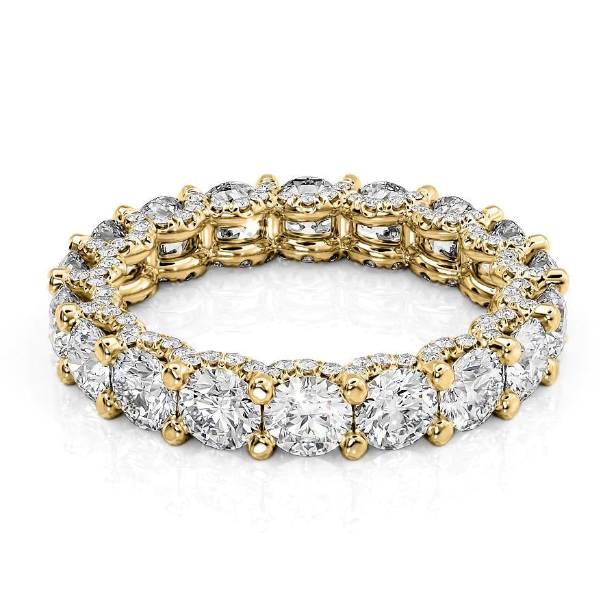 3.8ct Round U Pave Prong Eternity. A Yellow Gold Eternity Ring Set With 3.8tcw Round Lab Grown Diamonds. White Background.