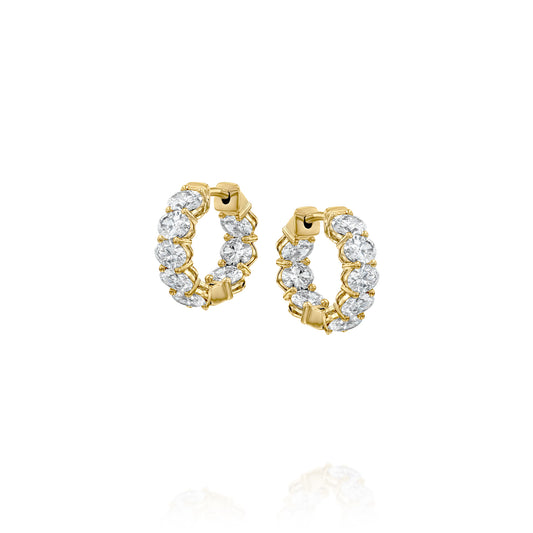 3ct 15mm East West Oval Eternity Hoops. A Yellow Gold Hoop Earrings Set With 3tcw Oval Lab Grown Diamonds. White Background.