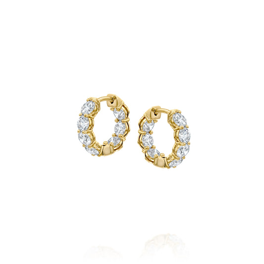 3ct 15mm Eternity Hoops. A Yellow Gold Hoop Earrings Set With 3tcw Round Lab Grown Diamonds. White Background.