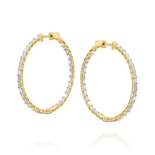 3ct 35mm Emerald Eternity Hoops. A Yellow Gold Hoop Earrings Set With 3tcw Emerald Lab Grown Diamonds. White Background.