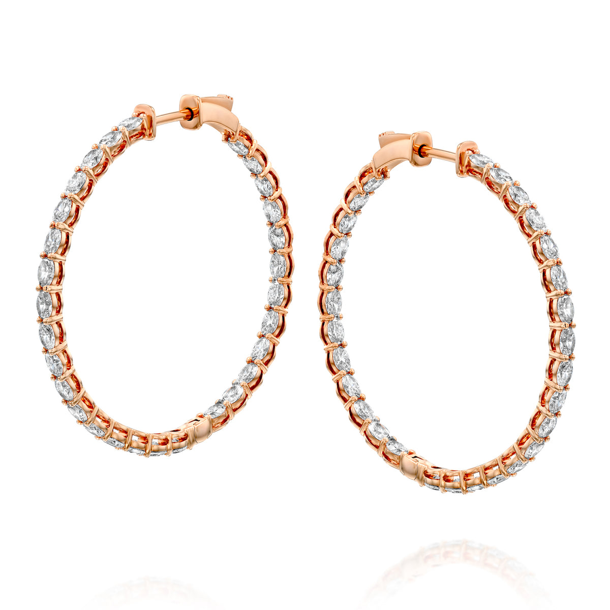 3ct 35mm Oval Eternity Hoops. A Rose Gold Hoop Earrings Set With 3tcw Oval Lab Grown Diamonds. White Background.