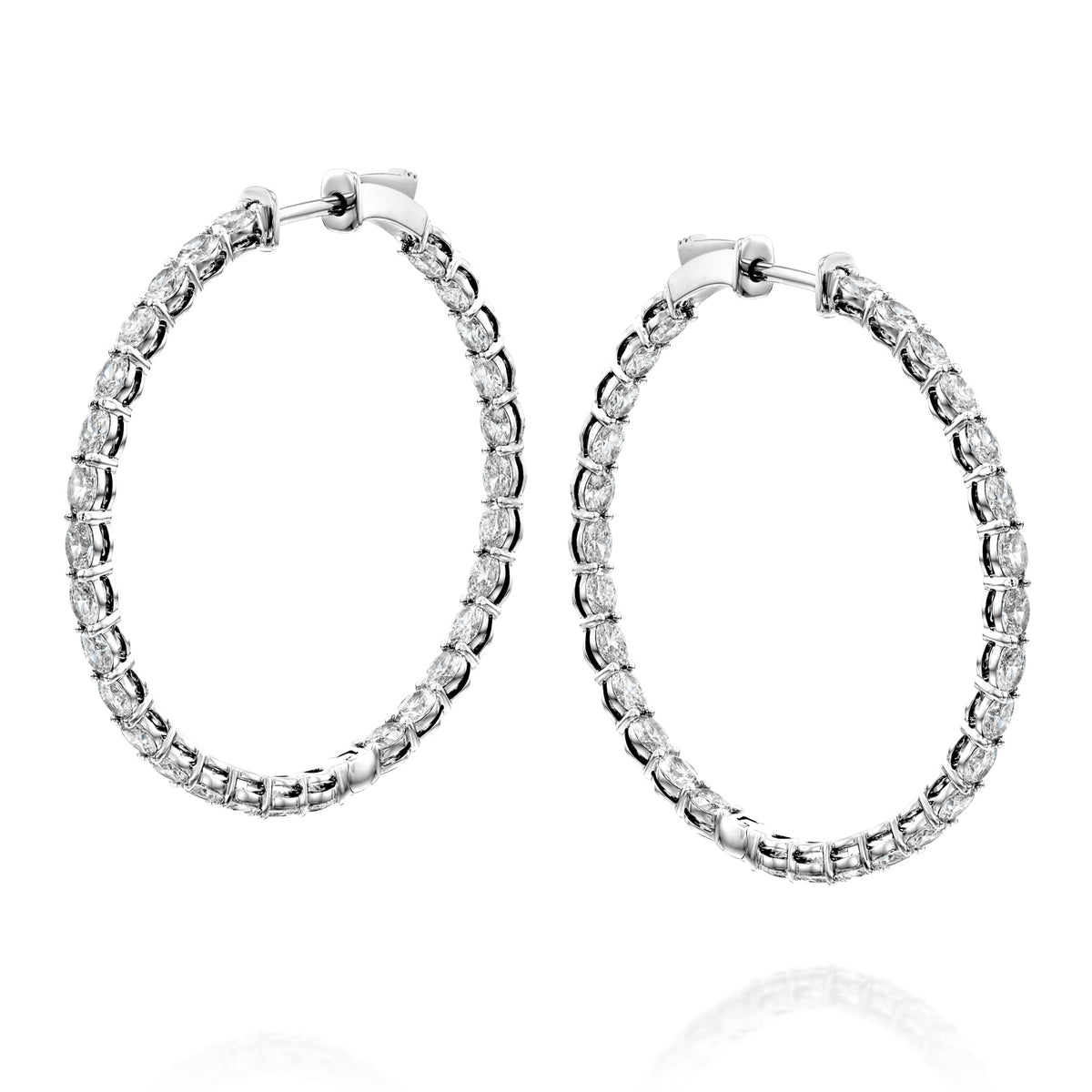 3ct 35mm Oval Eternity Hoops. A White Gold Hoop Earrings Set With 3tcw Oval Lab Grown Diamonds. White Background.