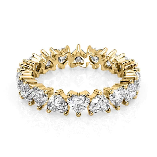 3ct Heart Eternity. A Yellow Gold Eternity Ring Set With 3tcw Heart Lab Grown Diamonds. White Background.