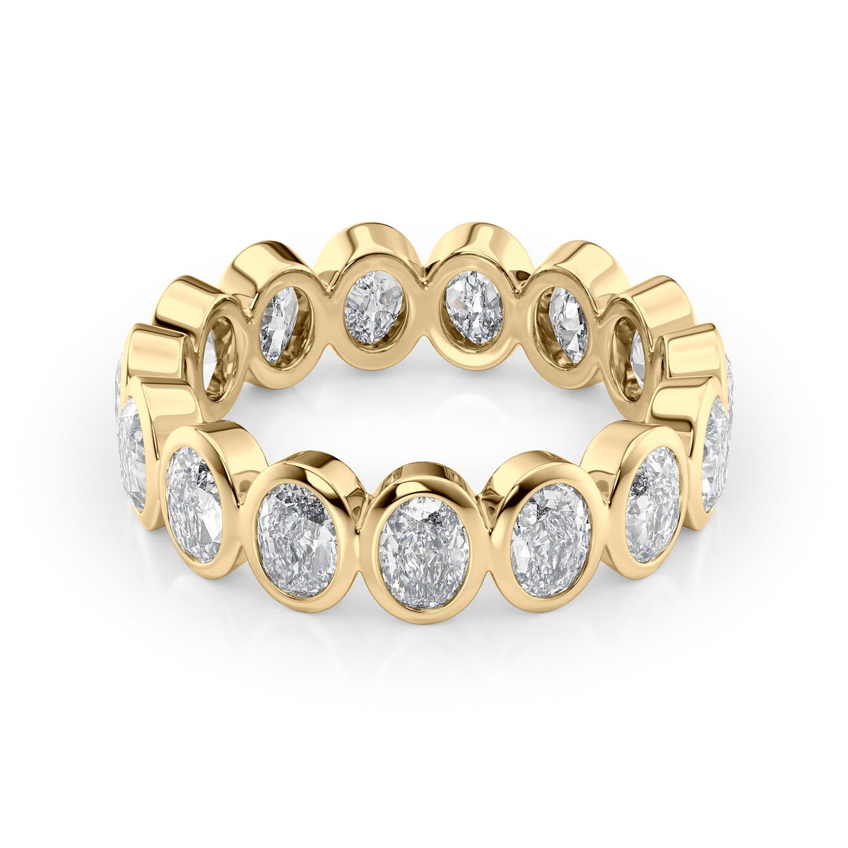 3ct Oval Bezel Eternity. A Yellow Gold Eternity Ring Set With 3tcw Oval Lab Grown Diamonds. White Background.