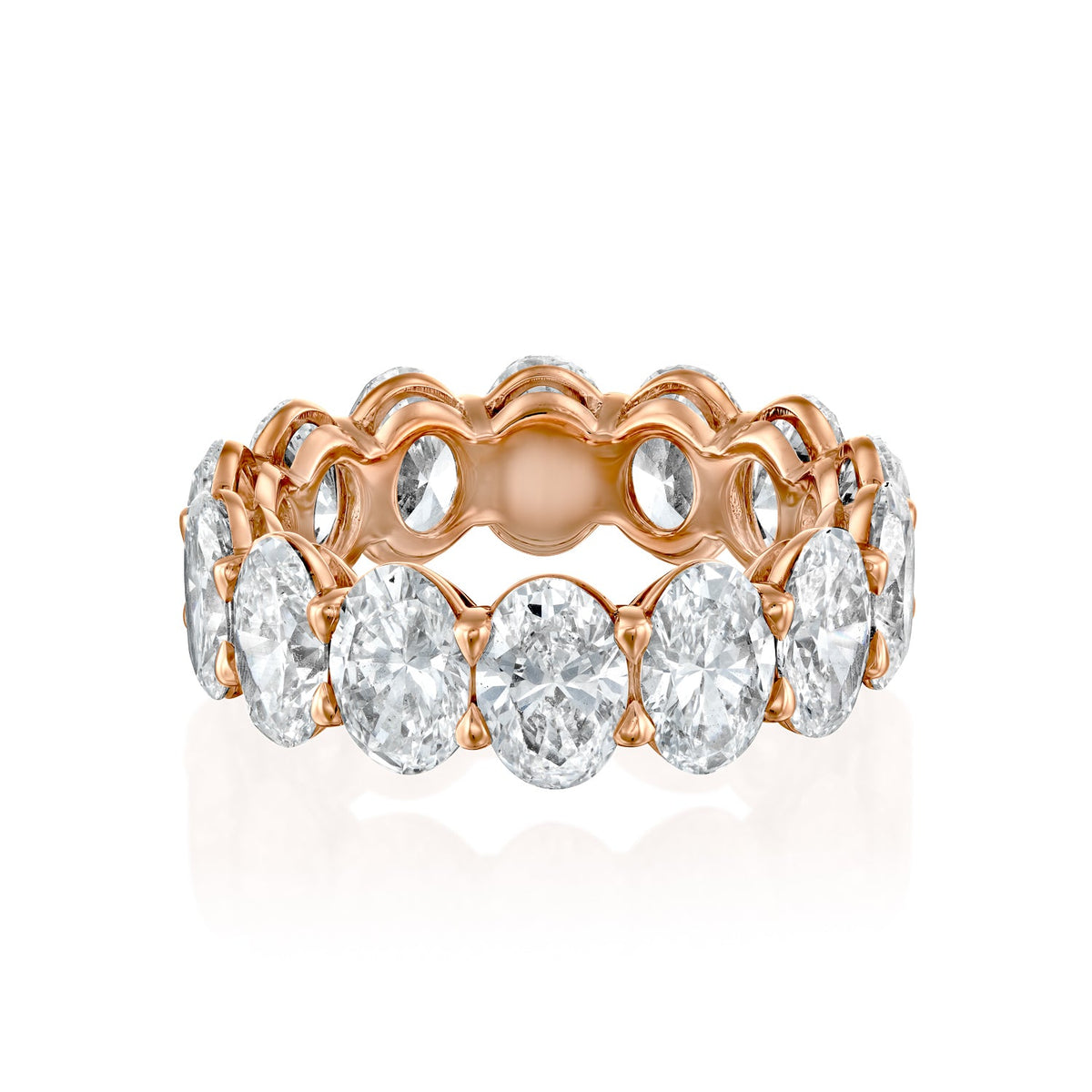 3ct Oval Eternity. A Rose Gold Eternity Ring Set With 3tcw Oval Lab Grown Diamonds. White Background.