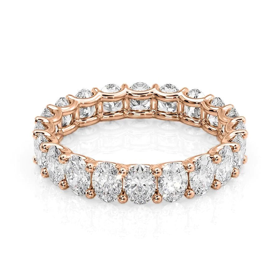 3ct Oval U Prong Eternity. A Rose Gold Eternity Ring Set With 3tcw Oval Lab Grown Diamonds. White Background.