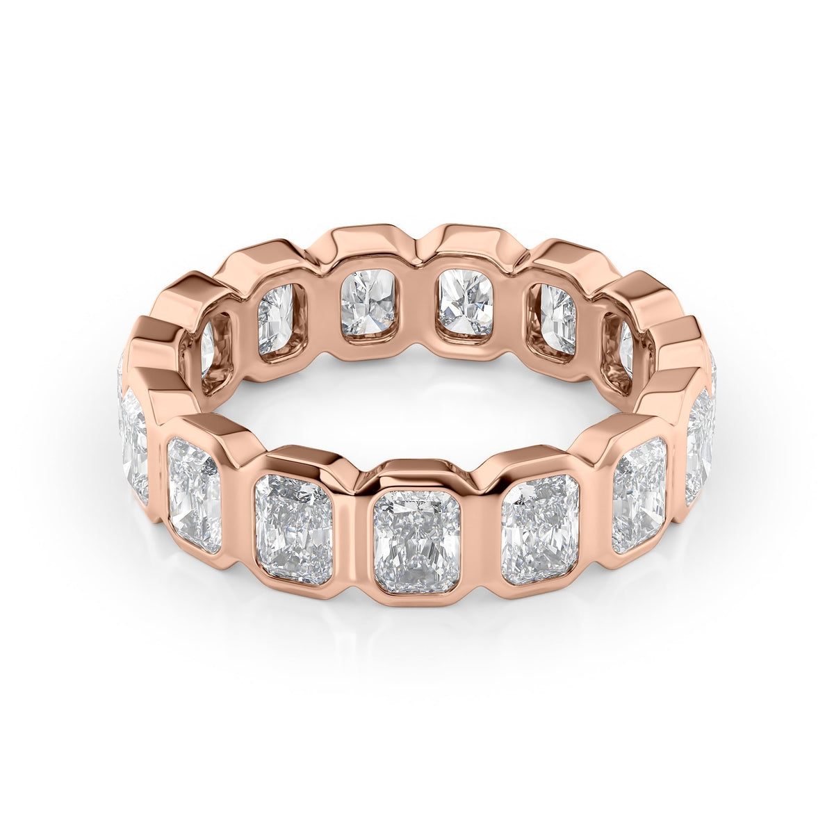 3ct Radiant Bezel Eternity. A Rose Gold Eternity Ring Set With 3tcw Radiant Lab Grown Diamonds. White Background.