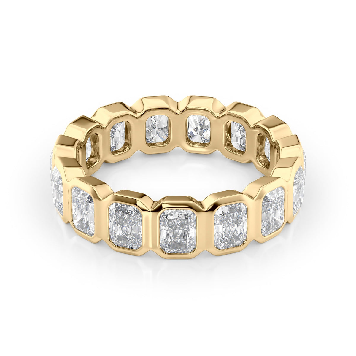 3ct Radiant Bezel Eternity. A Yellow Gold Eternity Ring Set With 3tcw Radiant Lab Grown Diamonds. White Background.