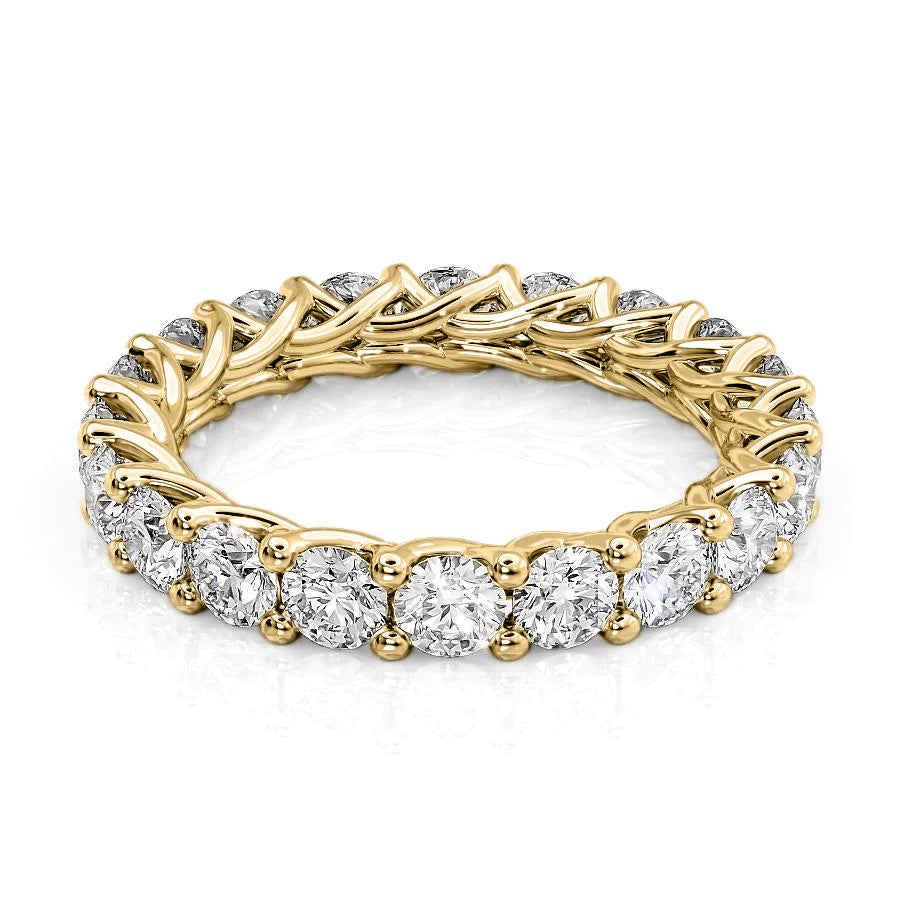 3ct Round Trellis Eternity. A Yellow Gold Eternity Ring Set With 3tcw Round Lab Grown Diamonds. White Background.