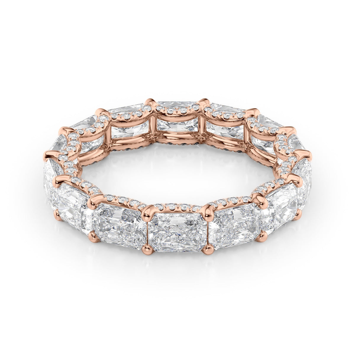 4.3ct East West Radiant U Pave Prong Eternity. A Rose Gold Eternity Ring Set With 4tcw Radiant Lab Grown Diamonds. White Background.