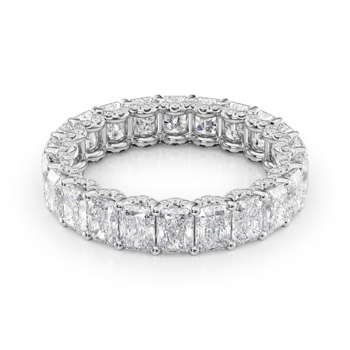 4.3ct Radiant U Pave Prong Eternity. A White Gold Eternity Ring Set With 4tcw Radiant Lab Grown Diamonds. White Background.
