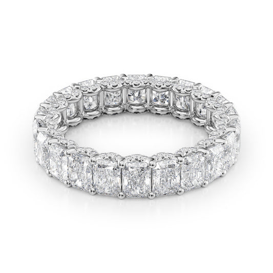 4.3ct Radiant U Pave Prong Eternity. A White Gold Eternity Ring Set With 4tcw Radiant Lab Grown Diamonds. White Background.