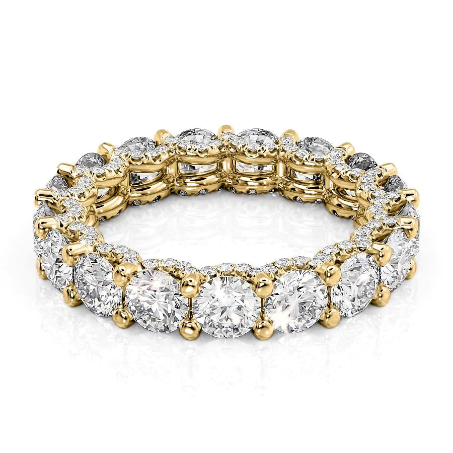 4.3ct Round U Pave Prong Eternity. A Yellow Gold Eternity Ring Set With 4.3tcw Round Lab Grown Diamonds. White Background.