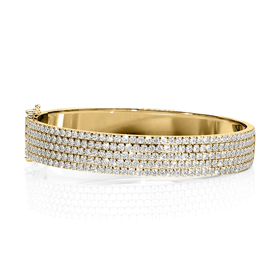 4.5ct 5 Row Pave Bangle. A Yellow Gold Bangle Bracelet Set With 4.5tcw Round Lab Grown Diamonds. White Background.