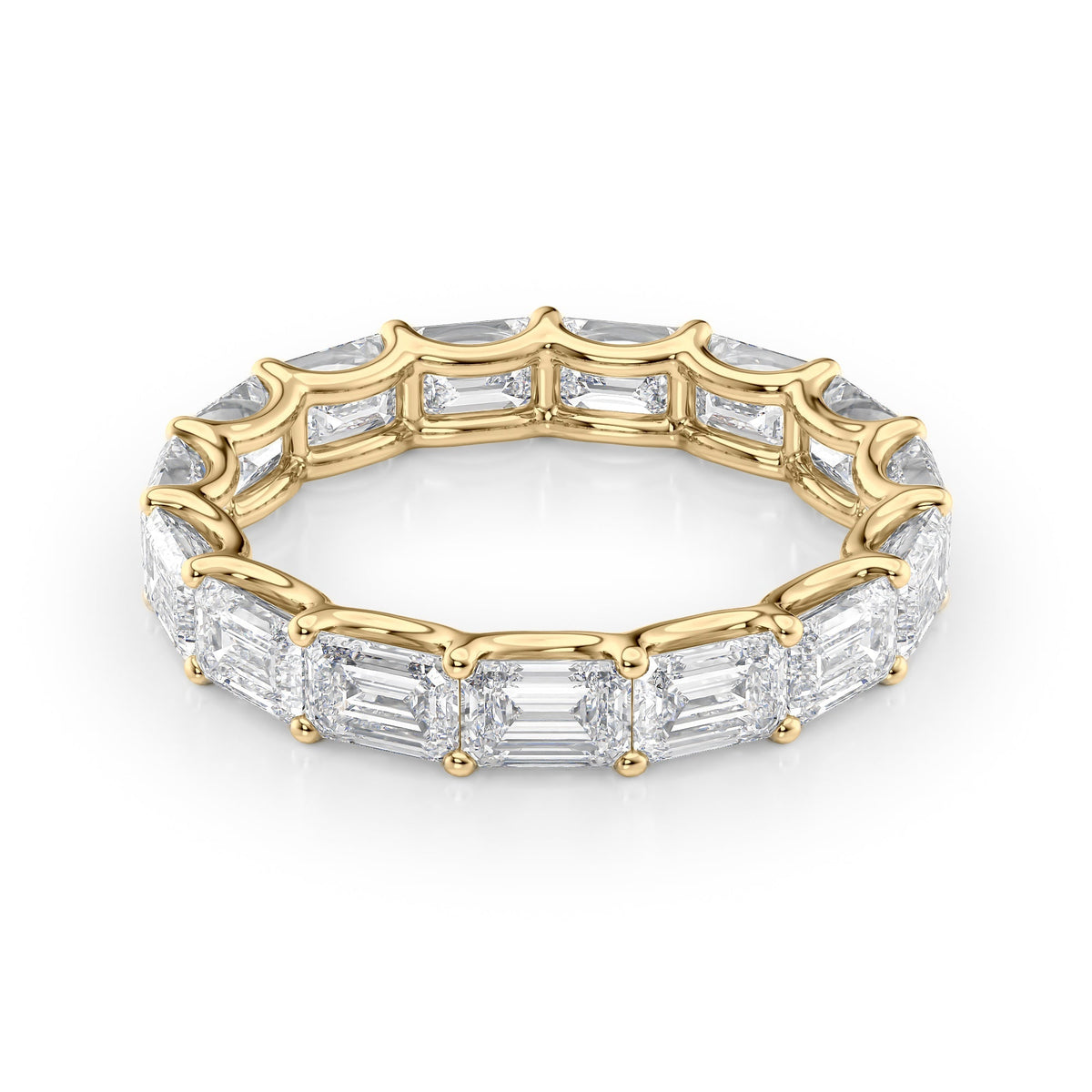 4.5ct East West Emerald U Prong Eternity. A Yellow Gold Eternity Ring Set With 4.5tcw Emerald Lab Grown Diamonds. White Background.