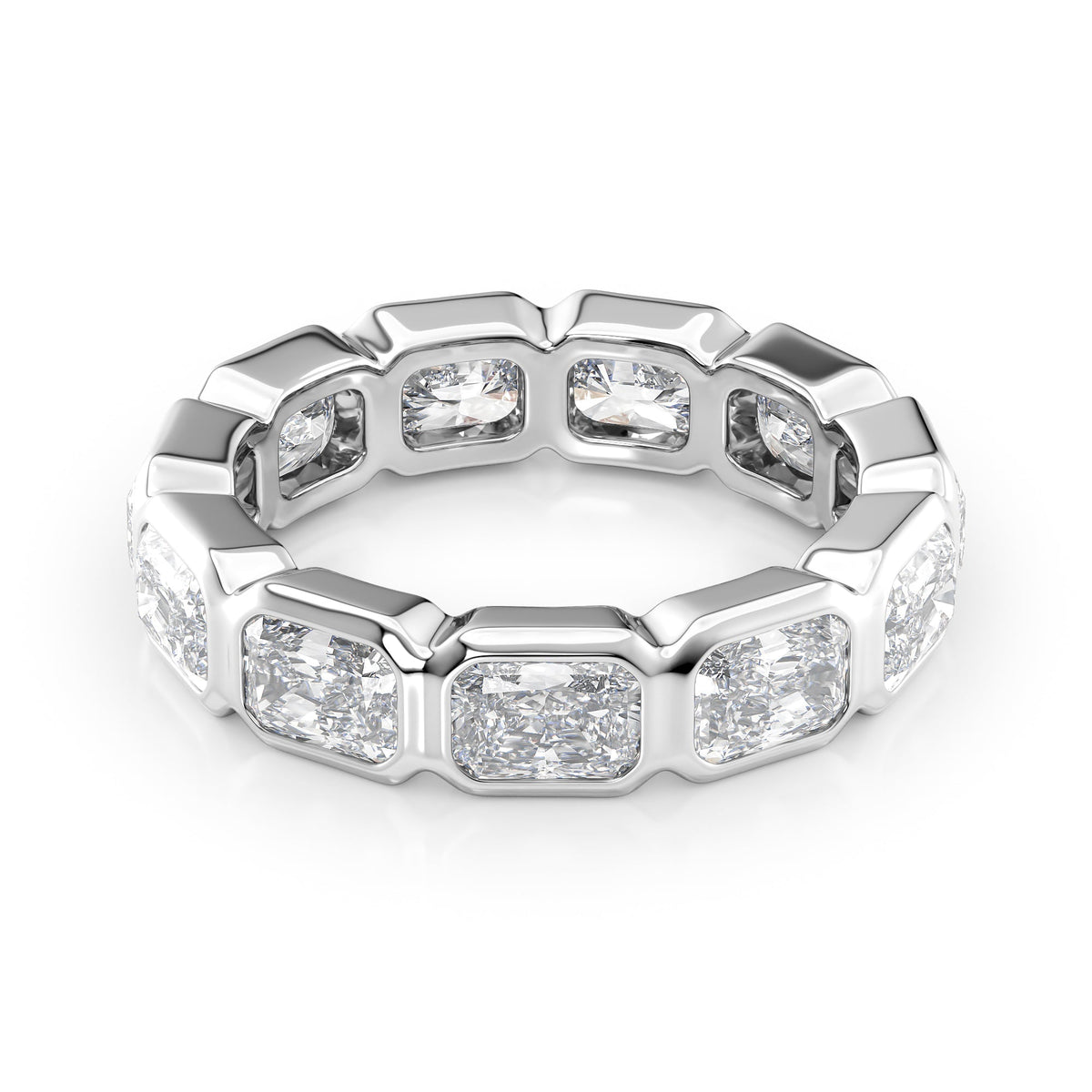 4.5ct East West Radiant Bezel Eternity. A White Gold Eternity Ring Set With 4.5tcw Radiant Lab Grown Diamonds. White Background.
