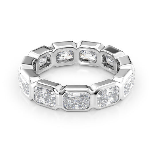 4.5ct East West Radiant Bezel Eternity. A White Gold Eternity Ring Set With 4.5tcw Radiant Lab Grown Diamonds. White Background.