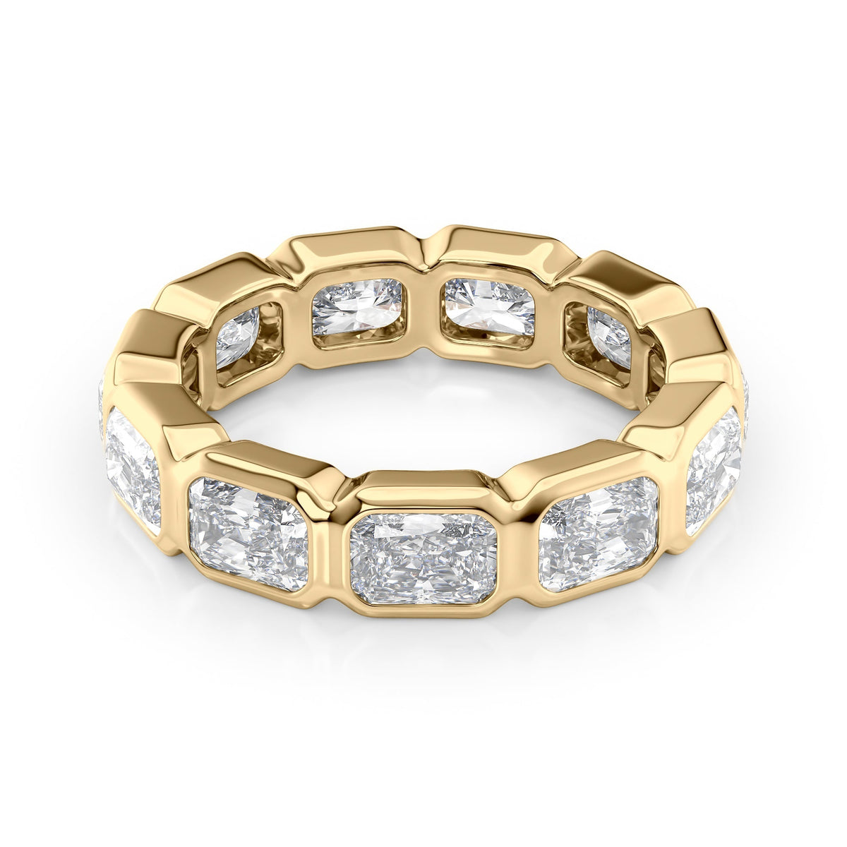 4.5ct East West Radiant Bezel Eternity. A Yellow Gold Eternity Ring Set With 4.5tcw Radiant Lab Grown Diamonds. White Background.