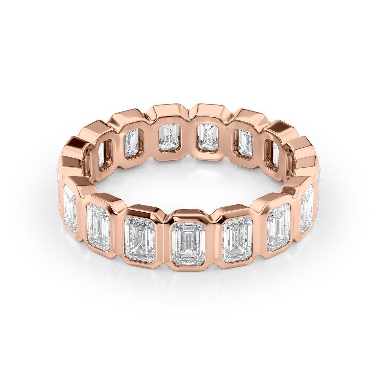 4.5ct Emerald Bezel Eternity. A Rose Gold Eternity Ring Set With 4.5tcw Emerald Lab Grown Diamonds. White Background.