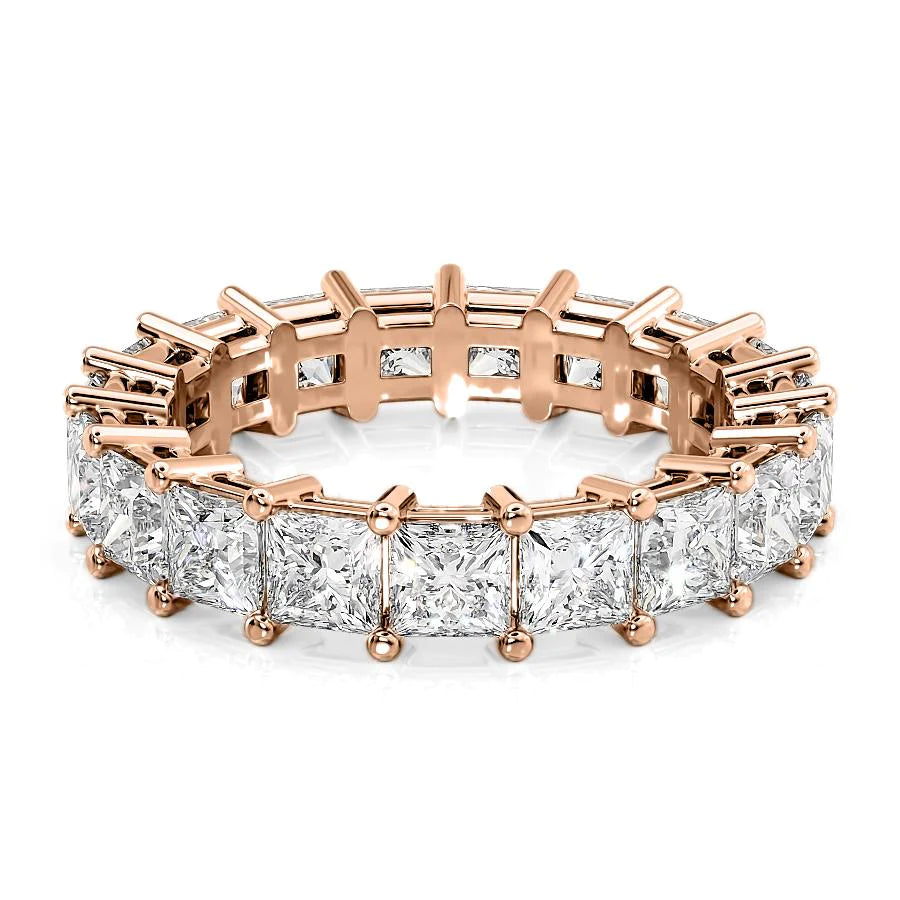 4.7ct Princess Eternity. A Rose Gold Eternity Ring Set With 4.7tcw Princess Lab Grown Diamonds. White Background.