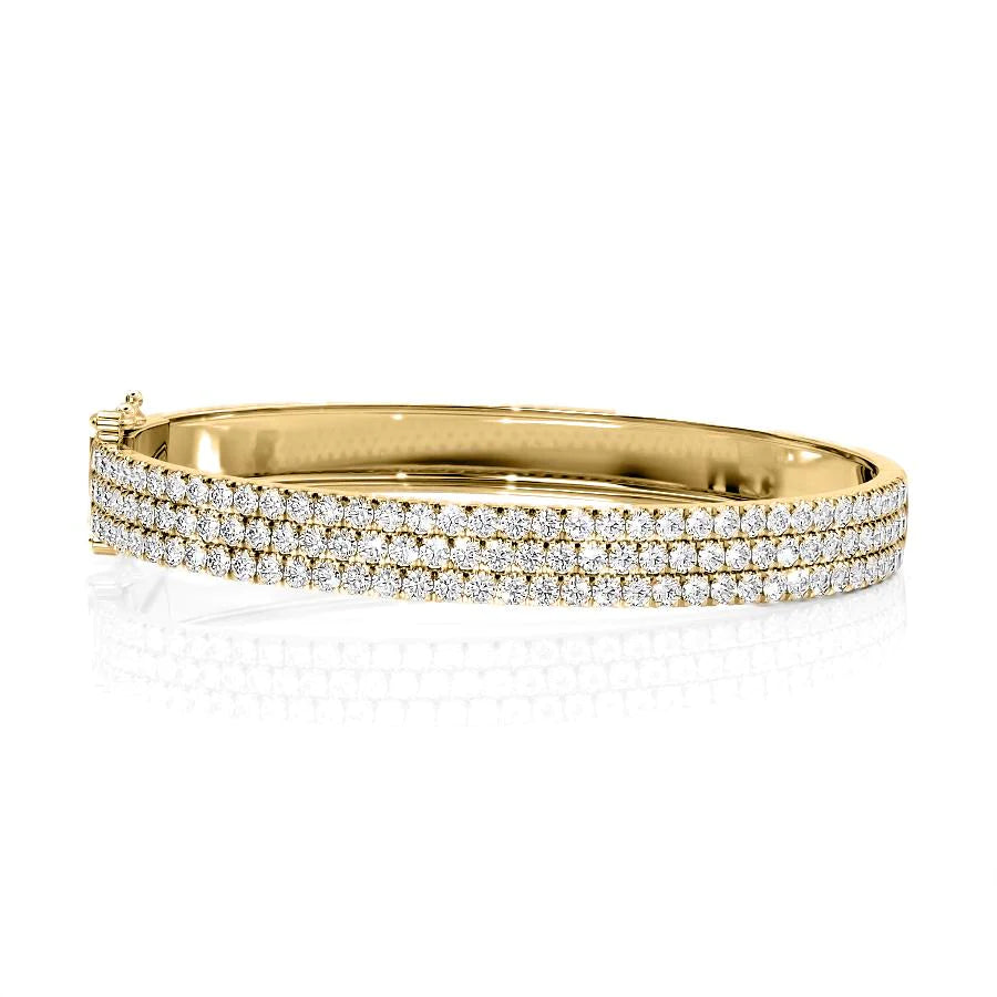4ct 3 Row Pave Bangle. A Yellow Gold Bangle Bracelet Set With 4tcw Round Lab Grown Diamonds. White Background.