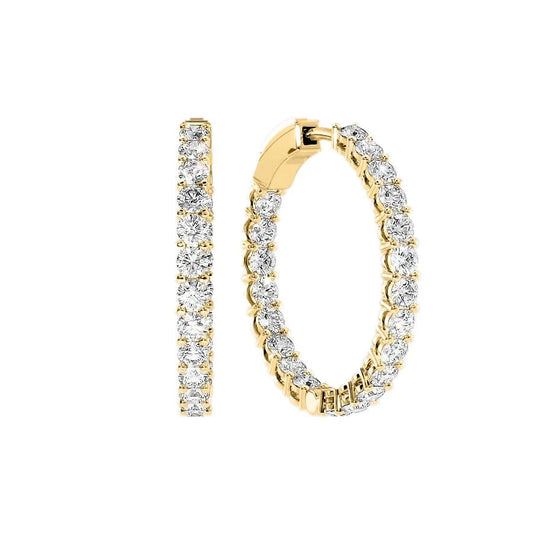 4ct 30mm Eternity Pave Hoops. A Yellow Gold Hoop Earrings Set With 4tcw Round Lab Grown Diamonds. White Background.