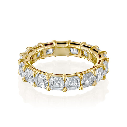 4ct Asscher Eternity. A Yellow Gold Eternity Ring Set With 4tcw Asscher Lab Grown Diamonds. White Background.
