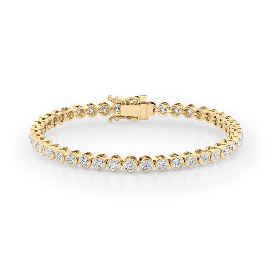 4ct Bezel Tennis Bracelet. A Yellow Gold Tennis Bracelet Set With 4tcw Round Lab Grown Diamonds. White Background.