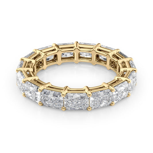 4ct East West Radiant Eternity. A Yellow Gold Eternity Ring Set With 4tcw Radiant Lab Grown Diamonds. White Background.