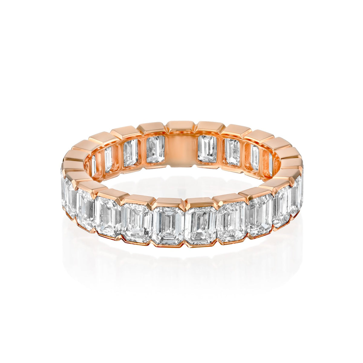 4ct Emerald Half Bezel Eternity. A Rose Gold Eternity Ring Set With 4tcw Emerald Lab Grown Diamonds. White Background.