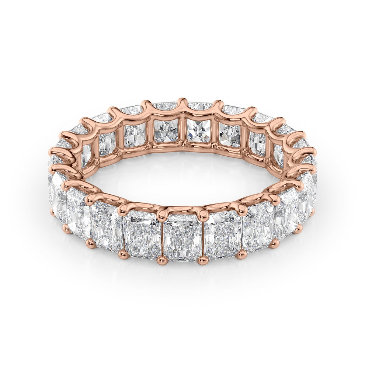 4ct Radiant U Prong Eternity. A Rose Gold Eternity Ring Set With 4tcw Radiant Lab Grown Diamonds. White Background.