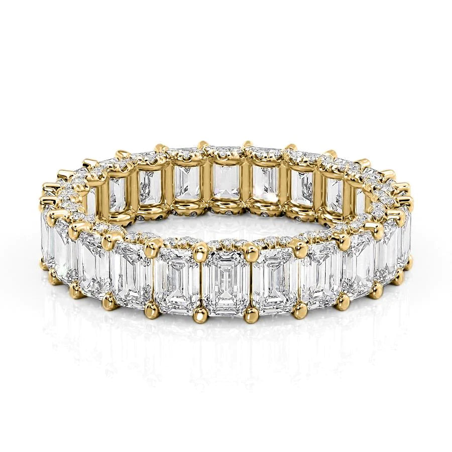 5.3ct Emerald U Pave Prong Eternity. A Yellow Gold Eternity Ring Set With 5tcw Emerald Lab Grown Diamonds. White Background.