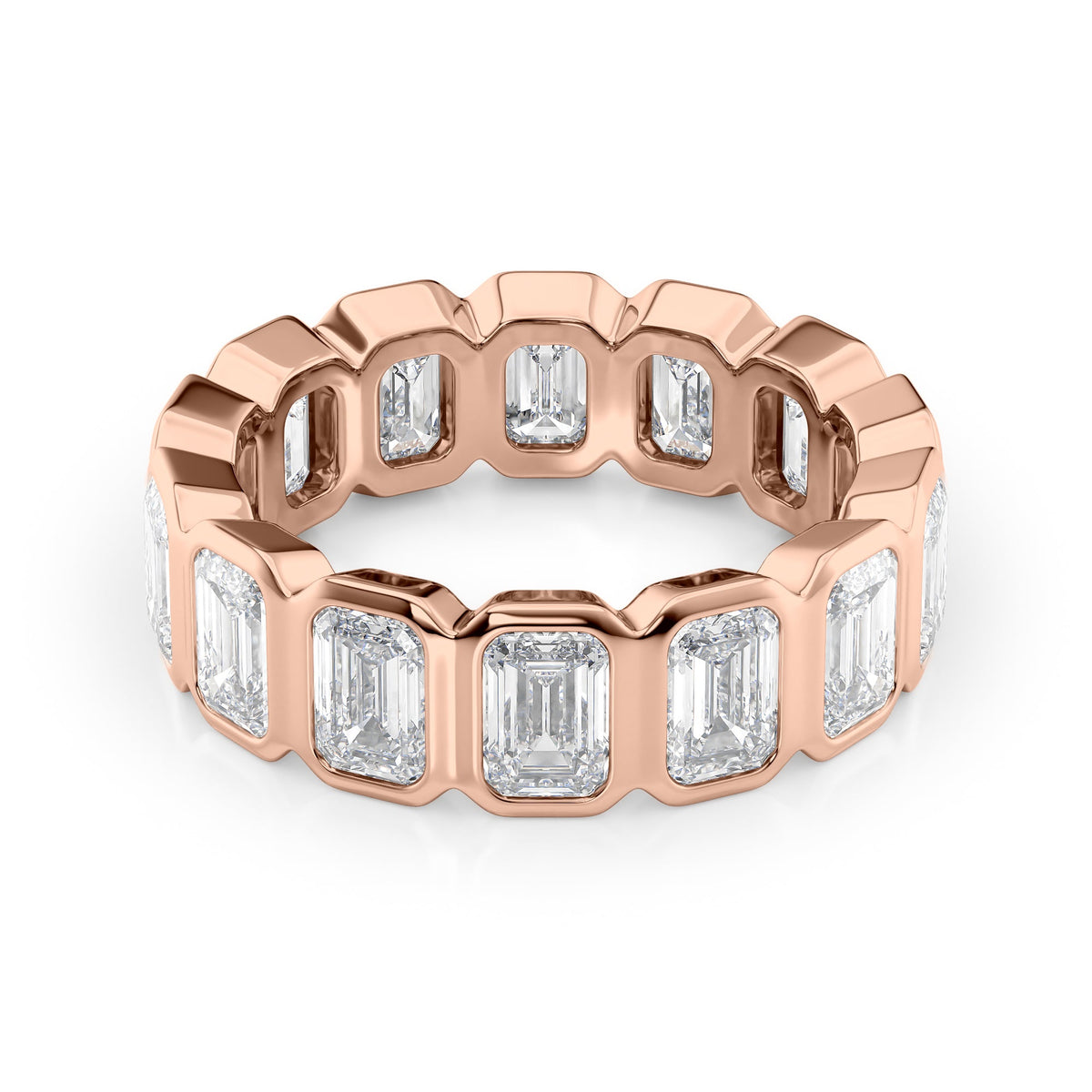5.5ct Emerald Bezel Eternity. A Rose Gold Eternity Ring Set With 5.5tcw Emerald Lab Grown Diamonds. White Background.