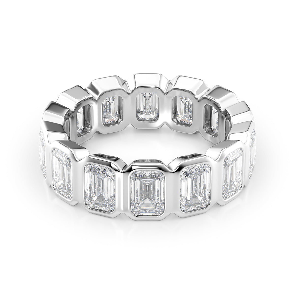 5.5ct Emerald Bezel Eternity. A White Gold Eternity Ring Set With 5.5tcw Emerald Lab Grown Diamonds. White Background.