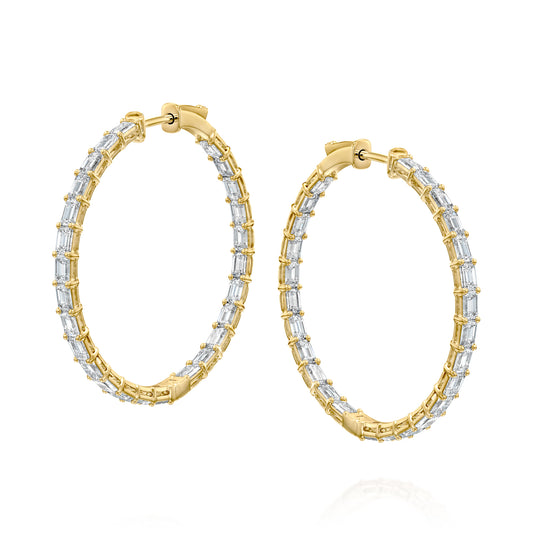 5ct 35mm Emerald Eternity Hoops. A Yellow Gold Hoop Earrings Set With 5tcw Emerald Lab Grown Diamonds. White Background.