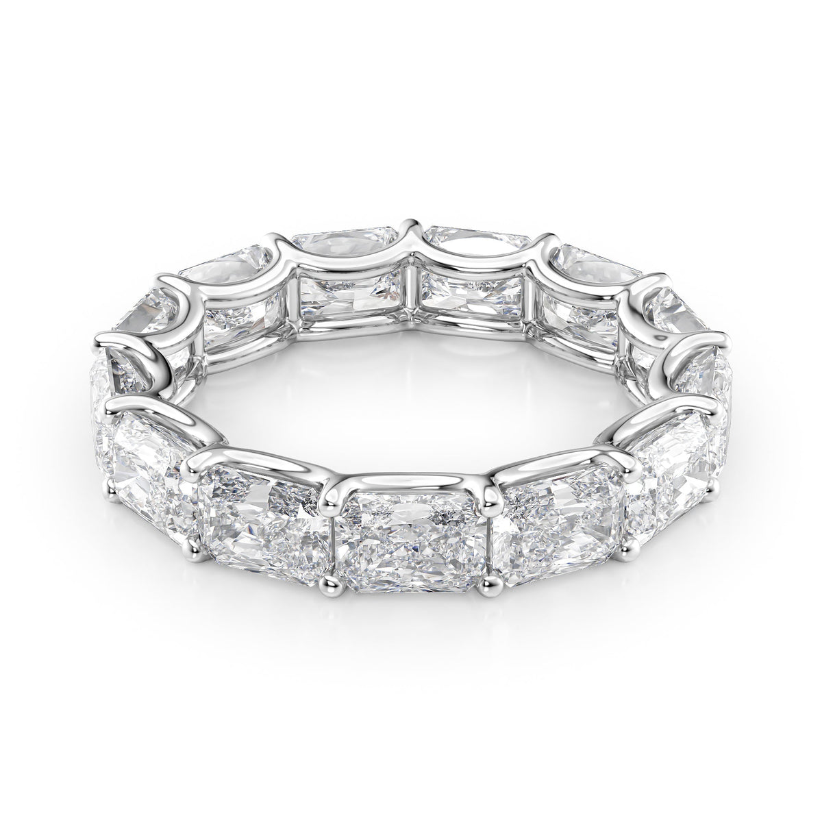 5ct East West Radiant U Prong Eternity. A White Gold Eternity Ring Set With 5tcw Radiant Lab Grown Diamonds. White Background.